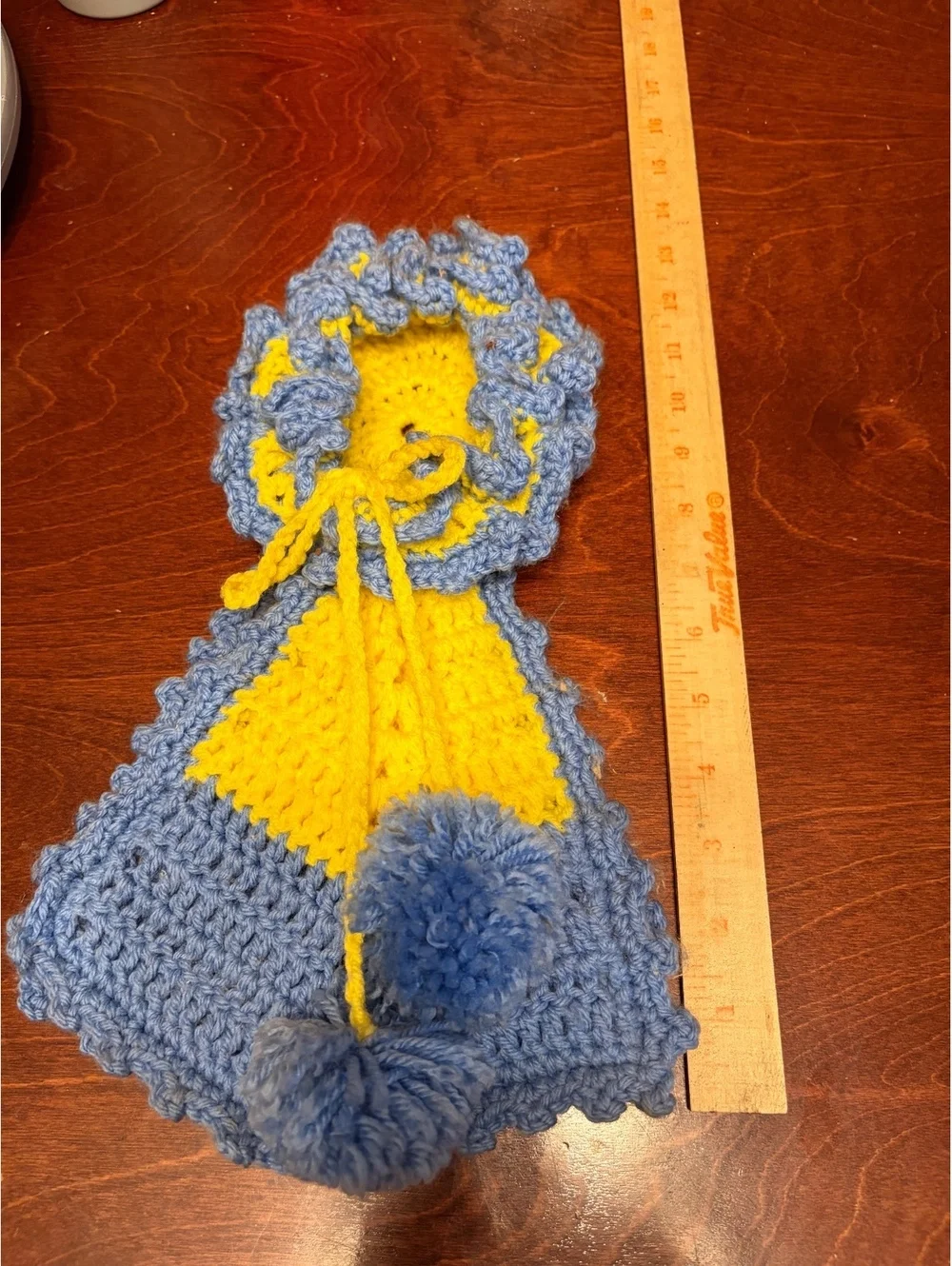 Handcrafted Blue and Yellow Crochet Kitchen Towel with Pom-Pom